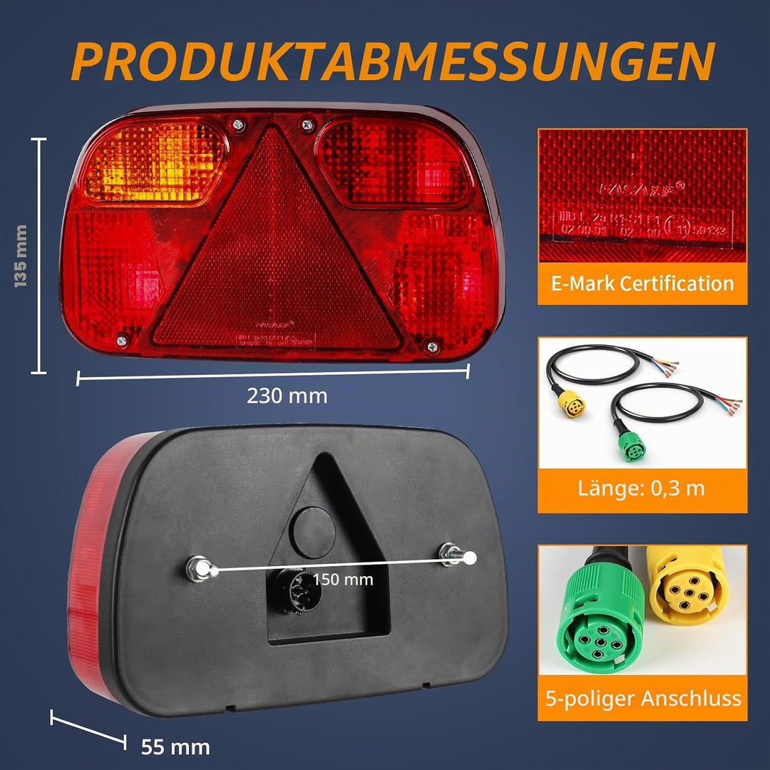 Yuanjoy 2 Pcs 12V LKW Rückleuchten 5-polig Bajonett Stecker, Anhängerbeleuchtung mit E mark Wohnwage