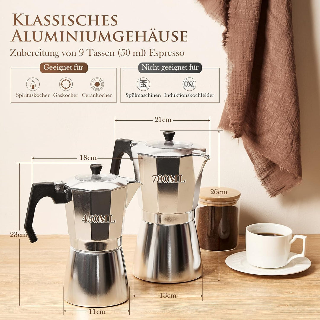 Espressokocher aus Aluminium, Mokkakanne 450 ml für 9 Tassen | Transparenter Deckel, Tropffreie Ausg