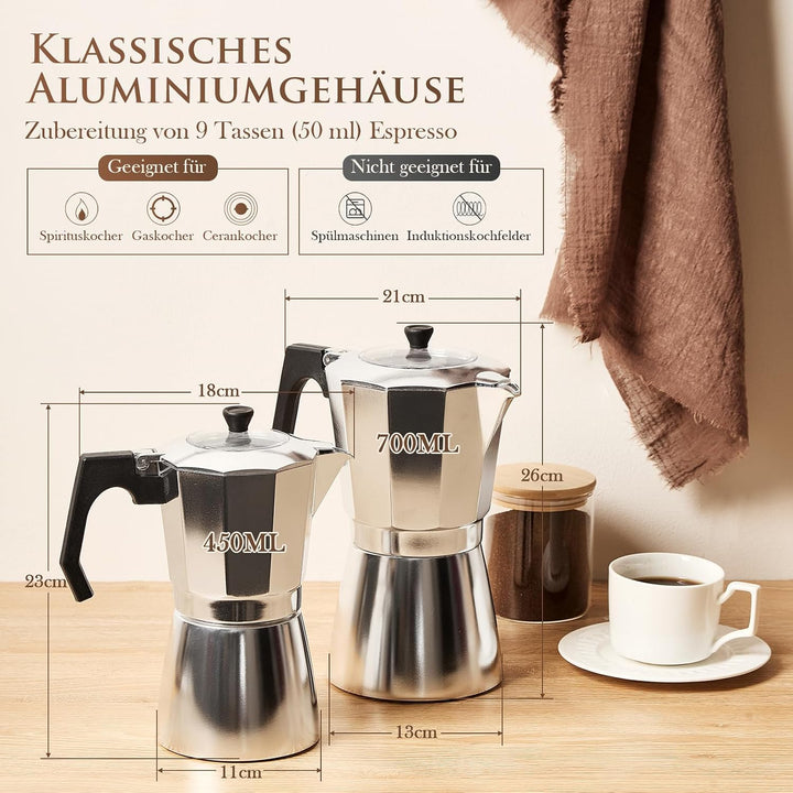 Espressokocher aus Aluminium, Mokkakanne 450 ml für 9 Tassen | Transparenter Deckel, Tropffreie Ausg