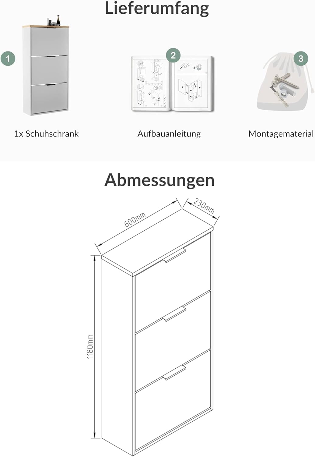 Planetmöbel Schuhschrank schmal mit 3 Klappen platzsparender Schuhregal mit 6 Ablagen, Schuhkommode