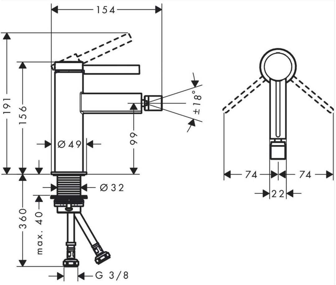 hansgrohe Einhebel-Bidetmischer Finoris, Bidetarmatur mit Push-Open Ablaufgarnitur, Mattschwarz, Mat
