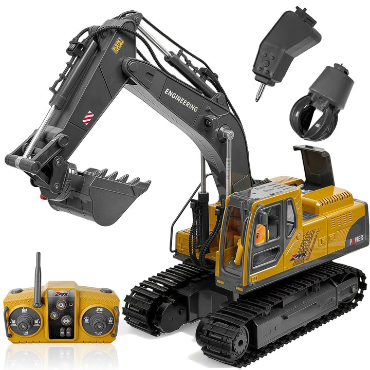 kolegend 3-in-1 Ferngesteuerter Bagger, 14-Kanal RC Bagger Spielzeug mit DREI Metallköpfen, 680° Dre