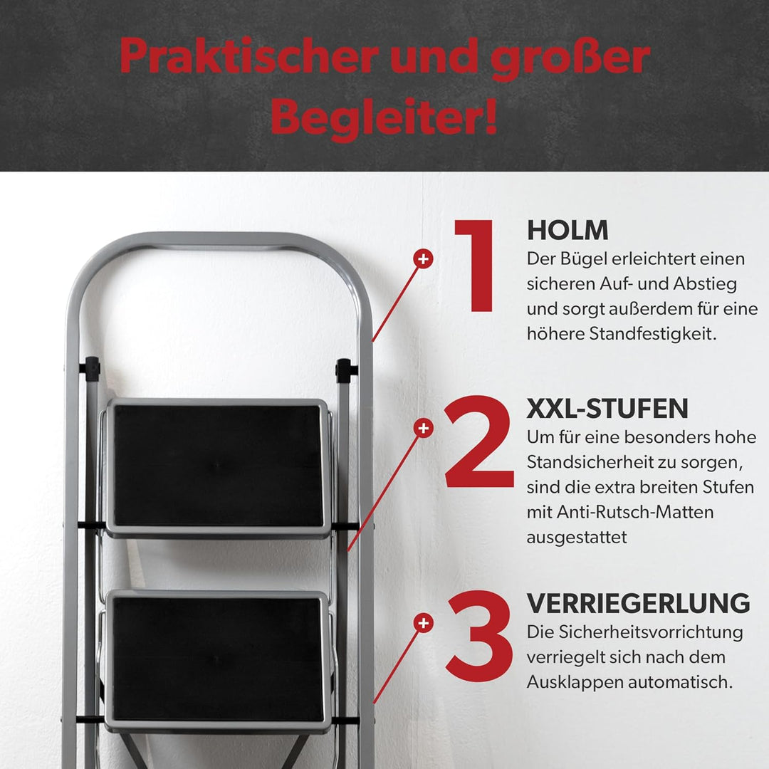 siwitec Klapptritt aus Stahl mit 3 Stufen, anthrazit, kleine Leiter mit Anti-Rutschmatten, 150 kg Tr