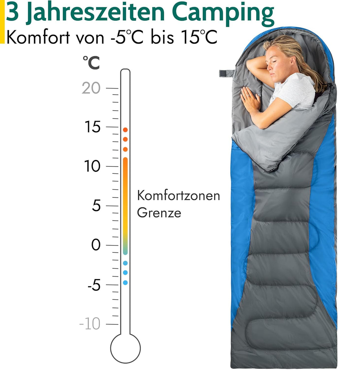 Trail-Alpin-Schlafsack mit Kapuze – 250 g Schlafsack, 3-Jahreszeiten- Schlafsack. Leicht, kleines Pa