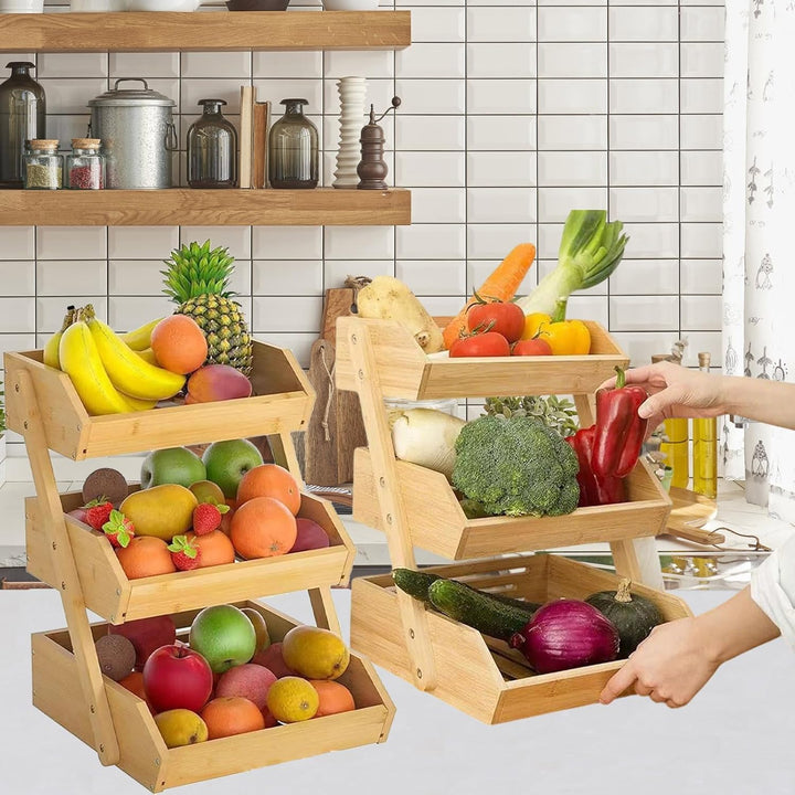 Obstschale aus Bambus mit 3 Ebenen, abnehmbar, Obst- und Gemüsehalter, Brot- und Snackhalter, Organi