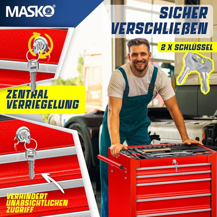 MASKO® Werkstattwagen - 7 Schubladen, rot | Abschliessbar | Massives Metall | Mobiler Werkzeug-Wagen