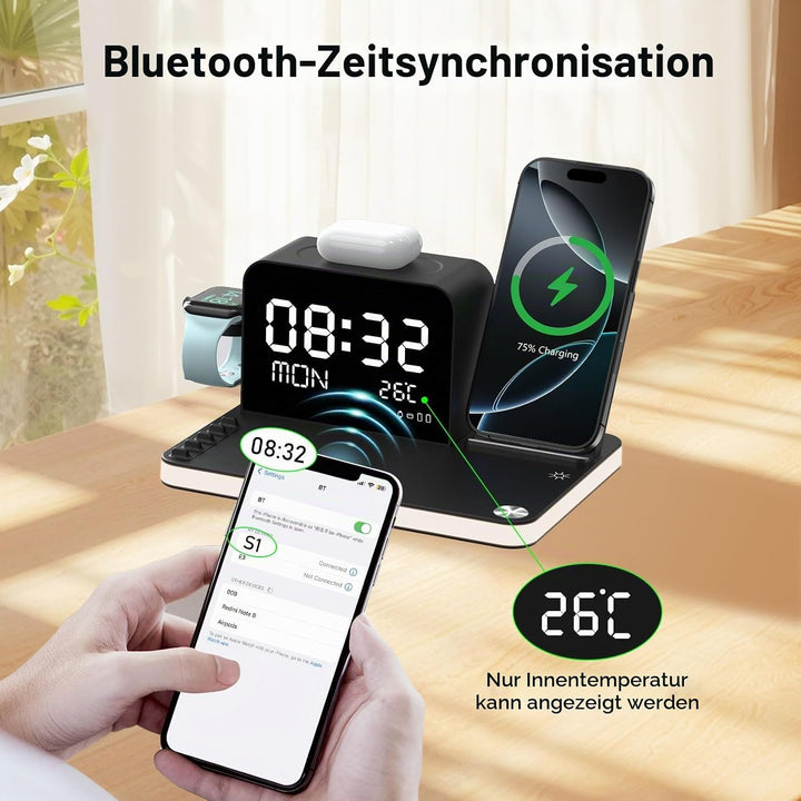 7-in-1 kabelloses Ladegerät mit Uhr, Temperatur &amp; Datum, kompatibel mit iPhone 17/16/15/14/13 Pro Ma
