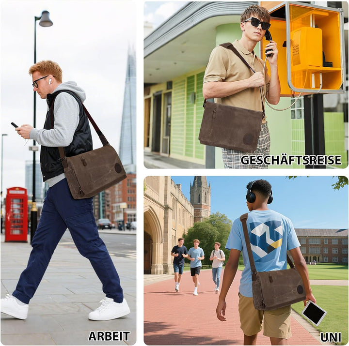 Leathario Umhängetasche Herren 14 Zoll, Messenger Bag aus Echtleder und Geöltem Segeltuch, Arbeitsta