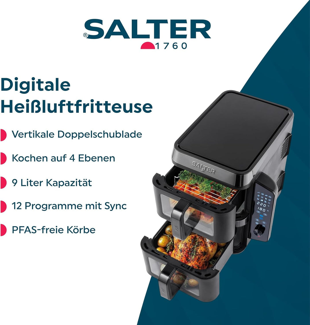 Salter VertiCook View Heissluftfritteuse - Vertikale Doppelschublade, Kochen auf 4 Ebenen, 9L Kapazi