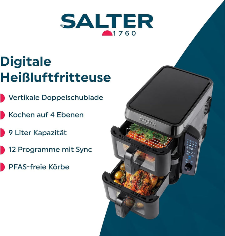 Salter VertiCook View Heissluftfritteuse - Vertikale Doppelschublade, Kochen auf 4 Ebenen, 9L Kapazi