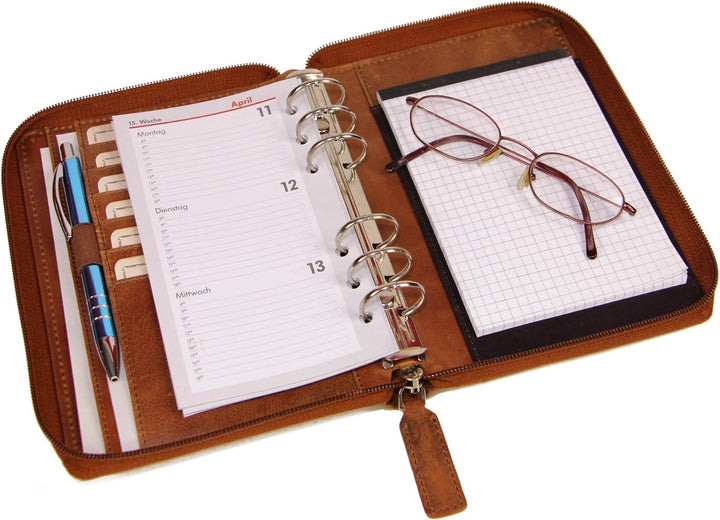 ALMADIH Leder A6 Organizer mit Reissverschluss Kalender 2024 Notizblock Premium Rindsleder Braun Del