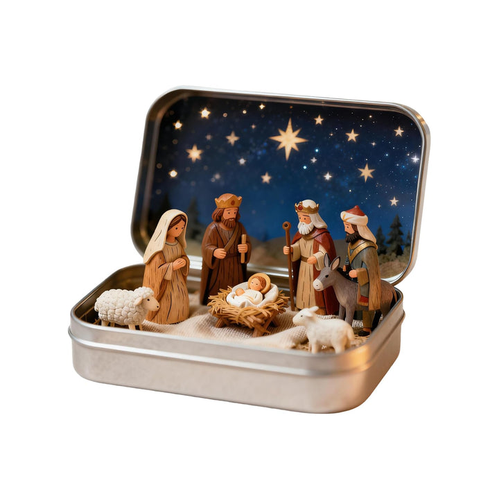 Mini-Weihnachtskrippen-Set in dekorativer Blechdose, Harzfiguren mit Sternennacht-Hintergrund, 9,5 x