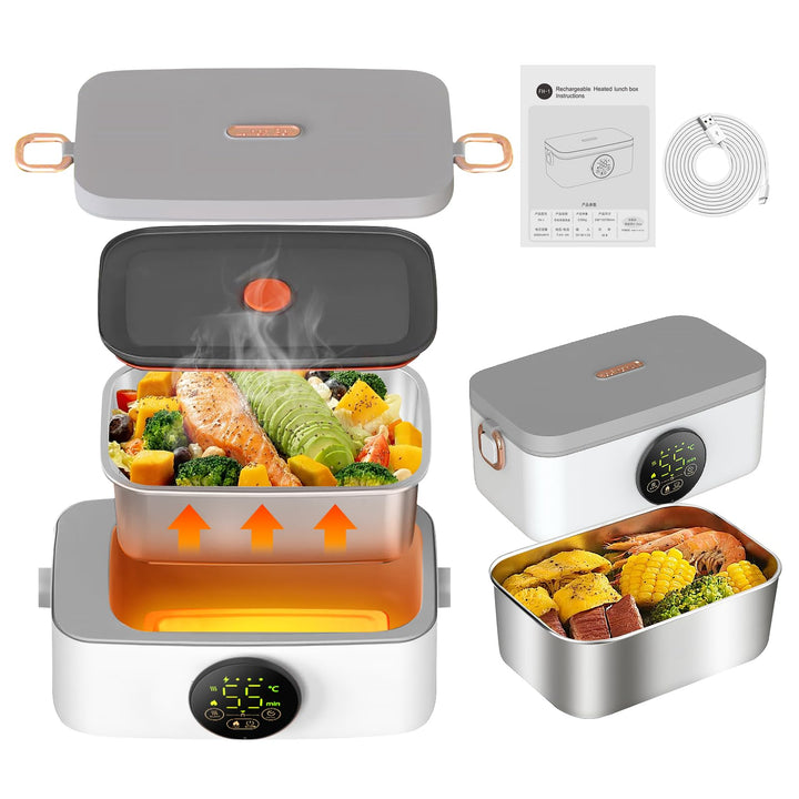 Kabellose Beheizte Lunchbox 1L, 16000mAh Tragbare Elektrische Lunchbox mit Timer und 6 Temperaturstu