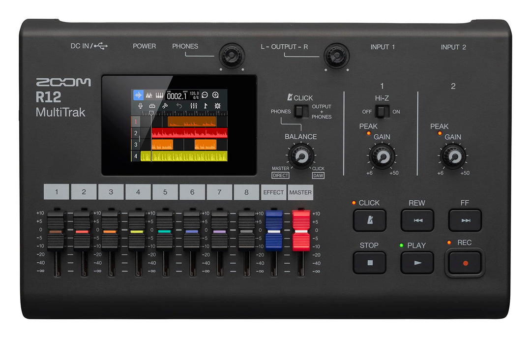 Zoom R12 Multi-Track-Recorder, tragbar, mit Touchscreen, Onboard-Bearbeitung, 8 Titel, 2 Kombi-Eingä