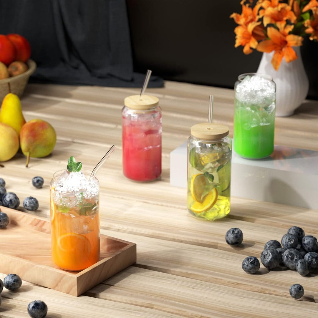 FINEW [8er Set] Trinkbecher Mit Deckel und Strohhalm Glas, 8er Cocktailgläser Set, 16oz/450ml Eiskaf