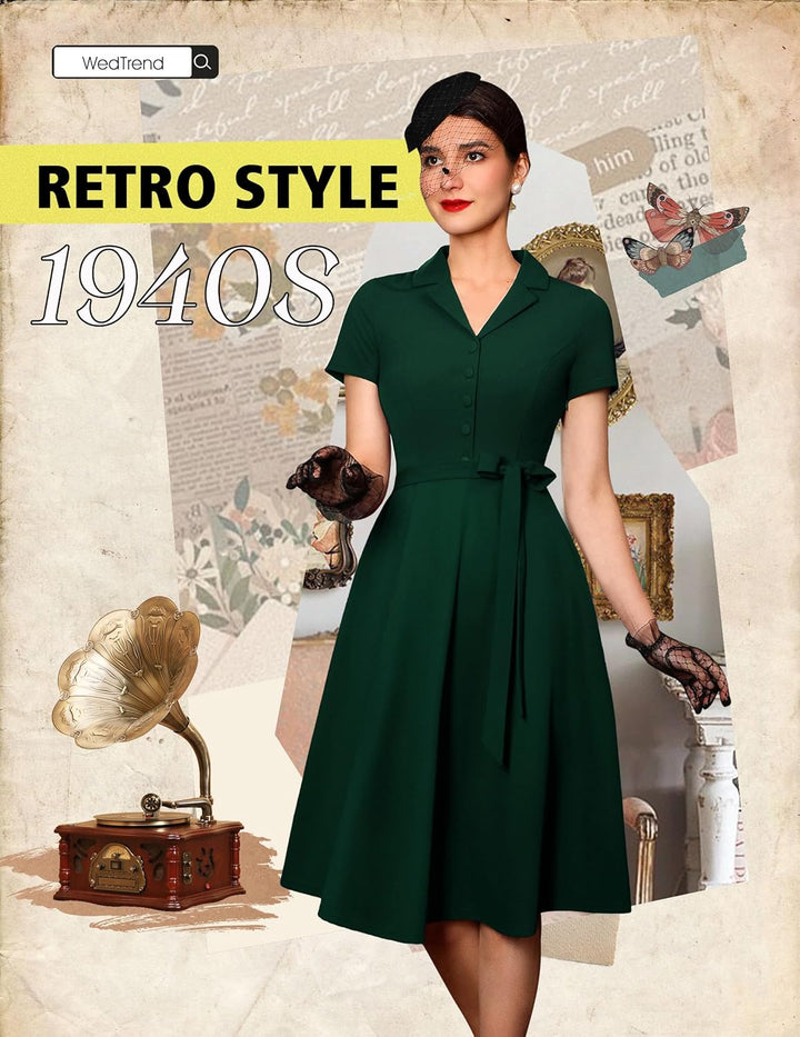 Wedtrend Vintage Cocktailkleid Damen A Linie Midilang V-Ausschnitt Abendkleid Elegant Freizeitkleide