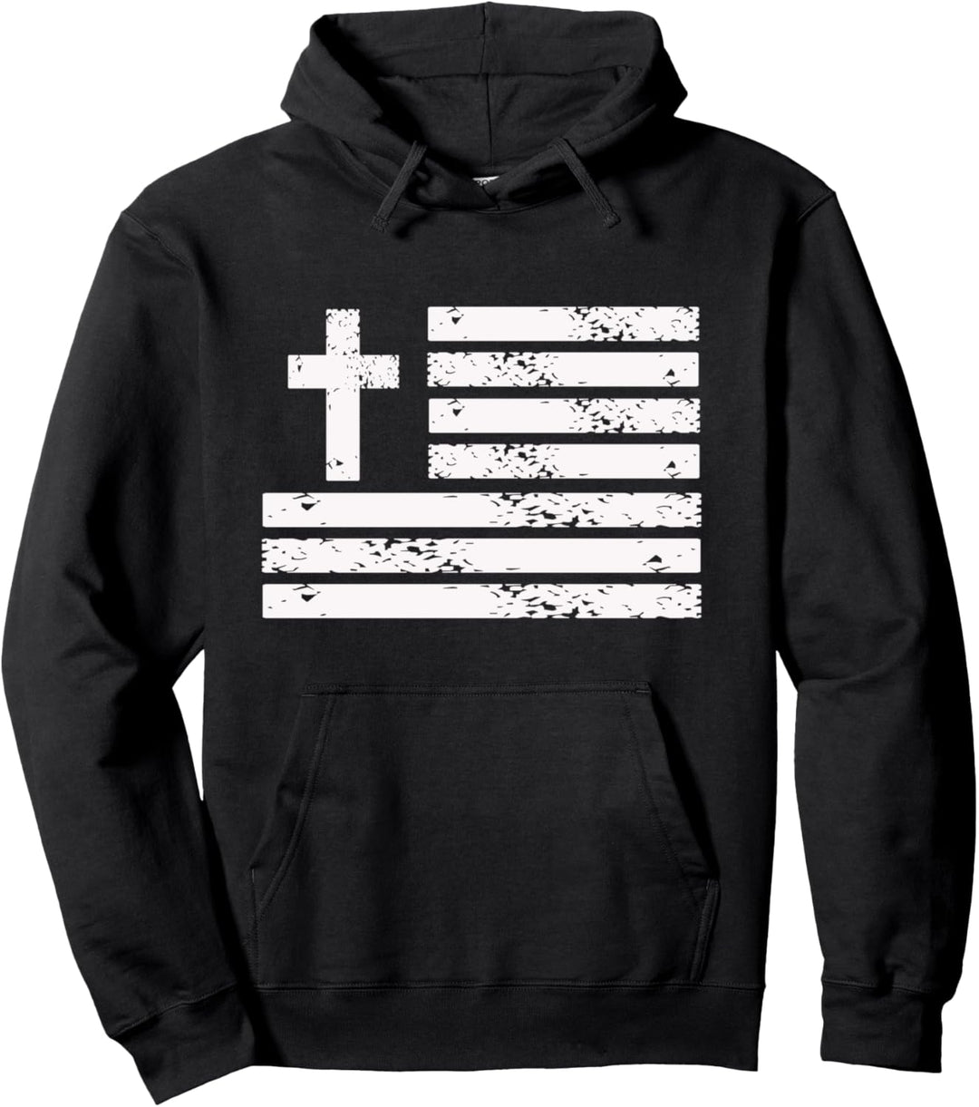 Christian Cross Flag Silhouette Image Grunge Distressed Pullover Hoodie