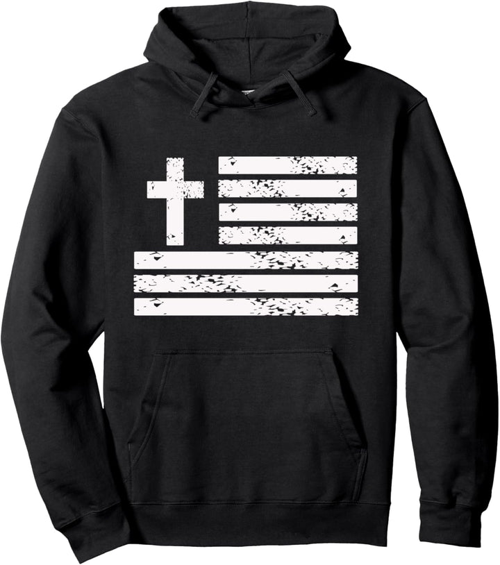 Christian Cross Flag Silhouette Image Grunge Distressed Pullover Hoodie