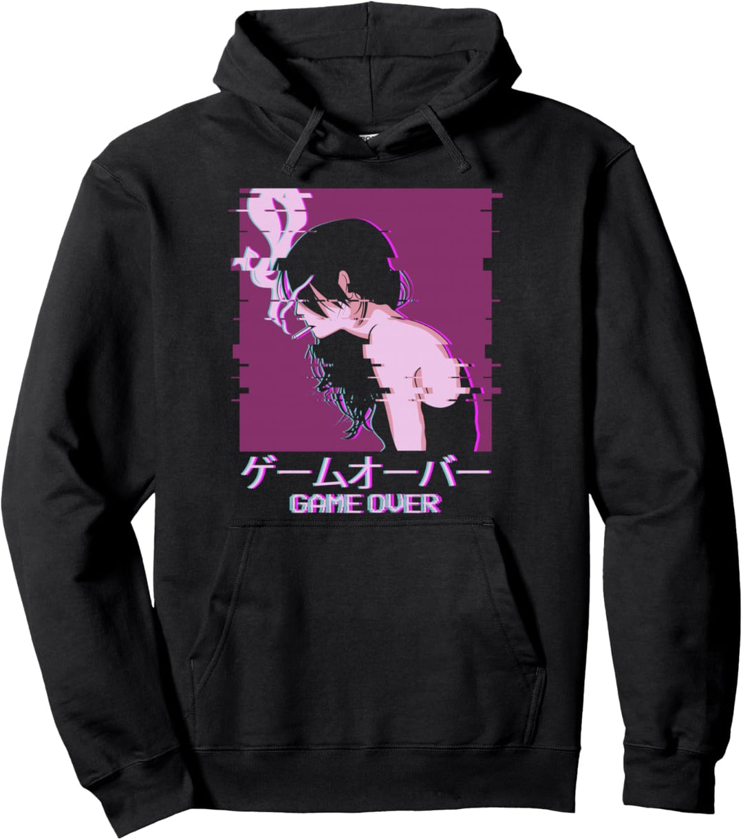 Japanese Vaporwave Sad Anime Girl Game Over Aesthetic Pullover Hoodie
