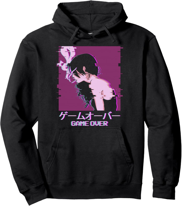 Japanese Vaporwave Sad Anime Girl Game Over Aesthetic Pullover Hoodie