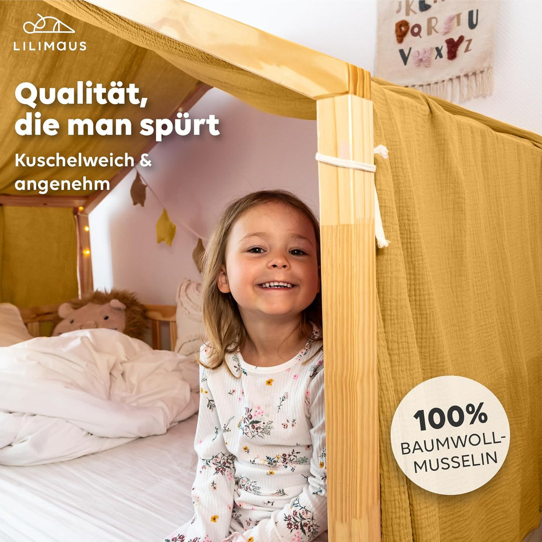 lilimaus Hausbett Himmel [Gelb] - Betthimmel Hausbett aus 100% Baumwolle Musselin Handmade - Stoffhi