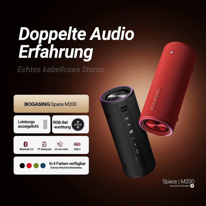 BOGASING Space M200 Bluetooth Lautsprecher mit 50W Dynamischem Klang Rot, Rot