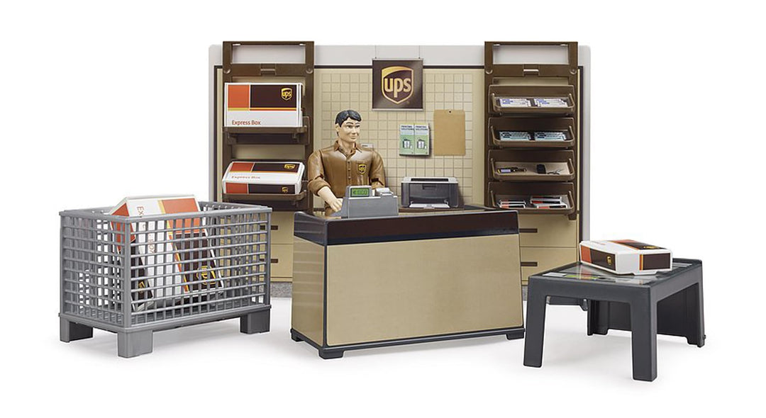bruder 62250 - Bworld UPS Paketshop mit Tresen, Kasse, Paketwaage, Gitterbox, Pakete, Mitarbeiter &amp;