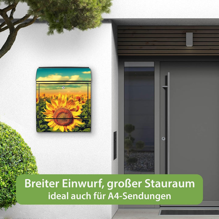 banjado® Design Briefkasten mit Motiv Sonnenblumen 39x47x14cm &amp; 2 Schlüssel - Briefkasten Stahl schw