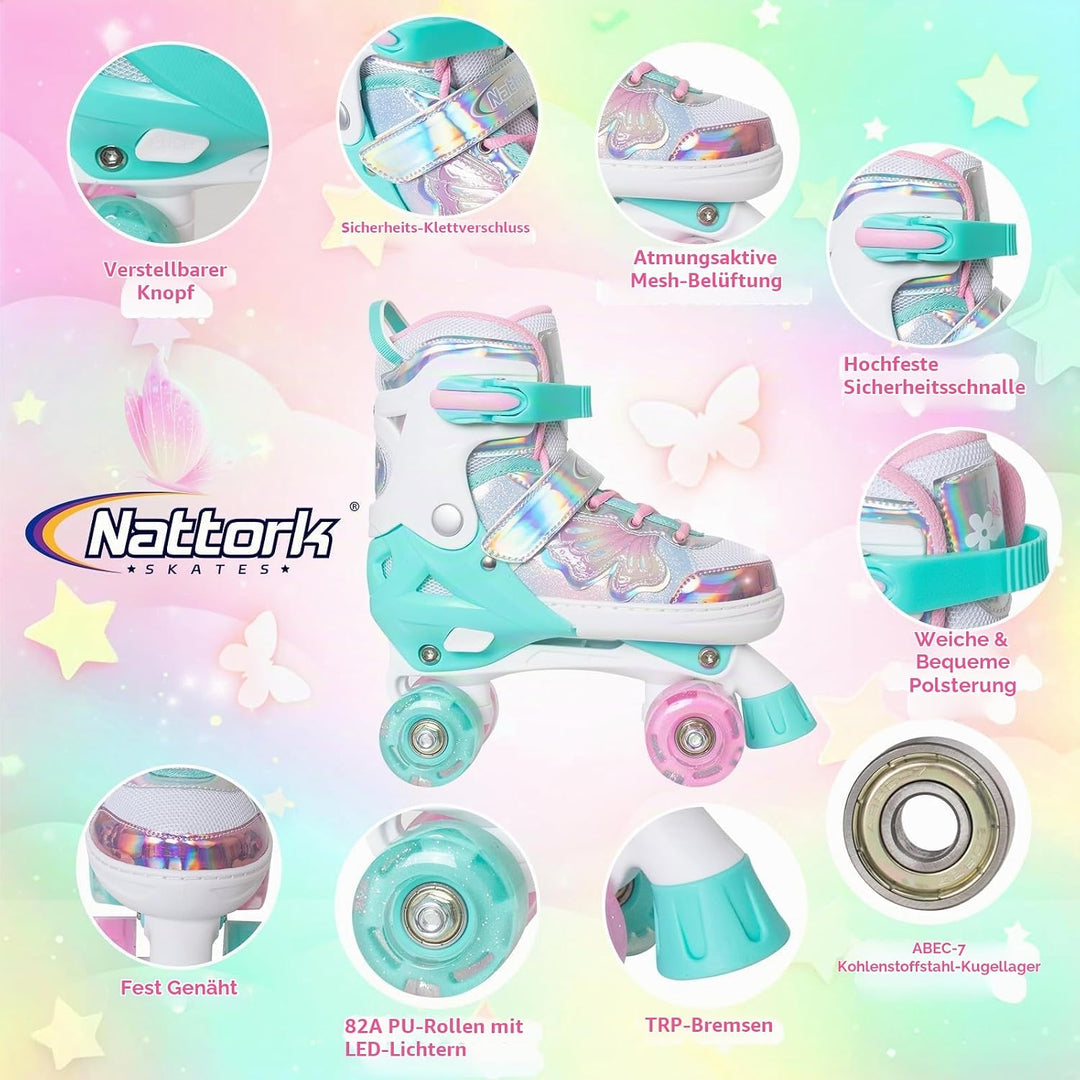 Nattork Kinder Rollschuhe für Mädchen und Jungen, 4 Grössen Verstellbar, Vierrad-Rollschuhe mit Schm