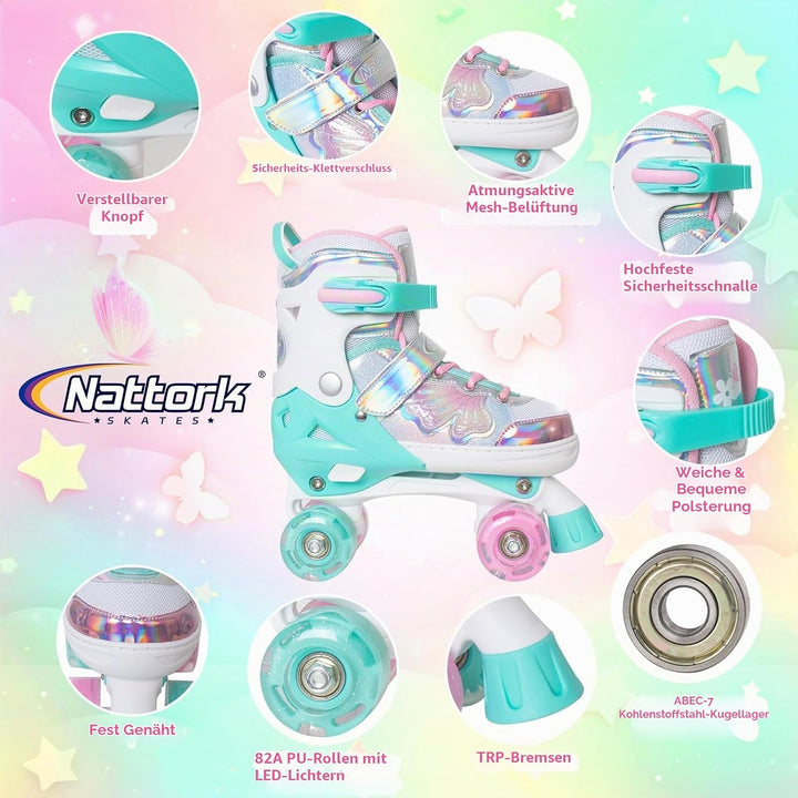 Nattork Kinder Rollschuhe für Mädchen und Jungen, 4 Grössen Verstellbar, Vierrad-Rollschuhe mit Schm