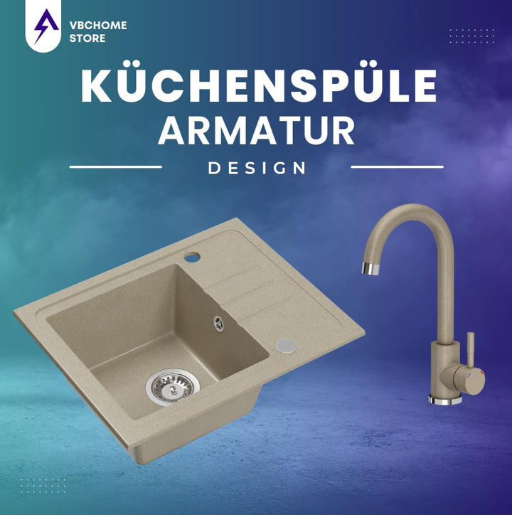 VBChome Spülbecken Granit Beige mit Armatur 55 x 44 cm Einzelbecken Einbauspüle Gesprenkelt Reversib