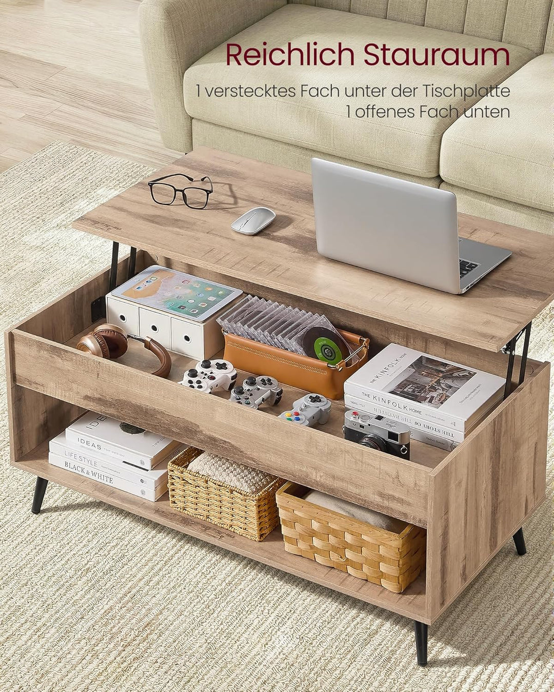 VASAGLE Couchtisch, höhenverstellbarer Wohnzimmertisch, Kaffeetisch, Gaszylinder, verstecktes Fach,