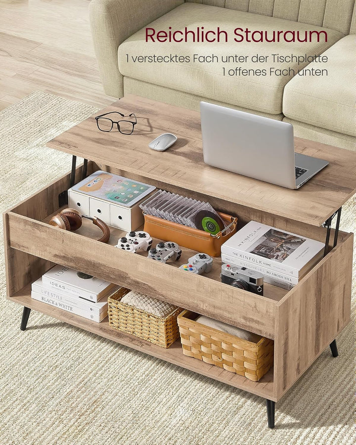 VASAGLE Couchtisch, höhenverstellbarer Wohnzimmertisch, Kaffeetisch, Gaszylinder, verstecktes Fach,