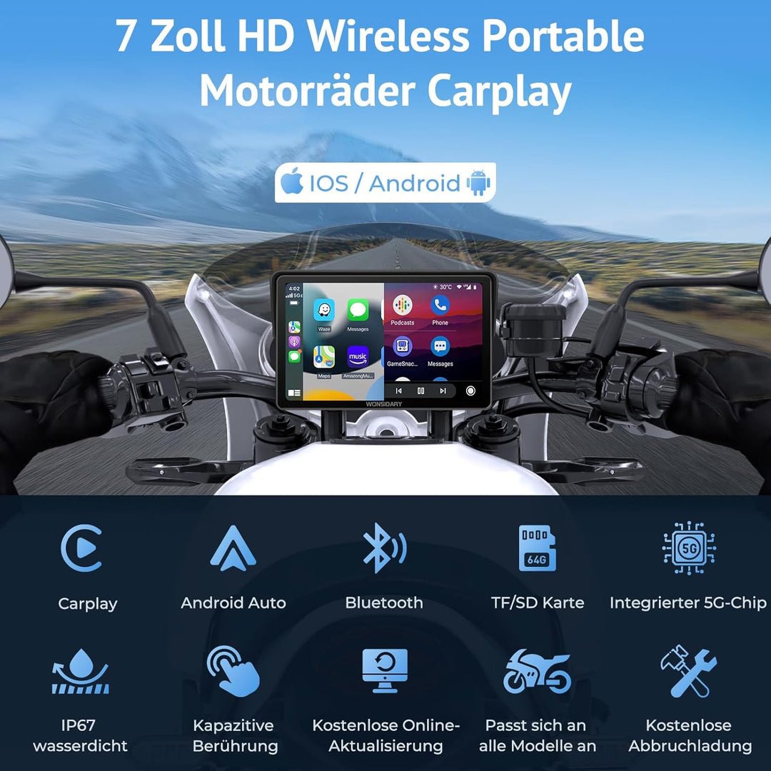 W722 Motorrad Carplay Display,Kabelloses CarPlay Motorrad & Android Auto für Moto,7 Zoll IP67 Wasser