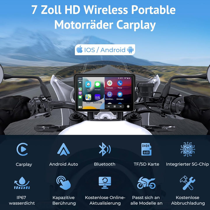 W722 Motorrad Carplay Display,Kabelloses CarPlay Motorrad & Android Auto für Moto,7 Zoll IP67 Wasser