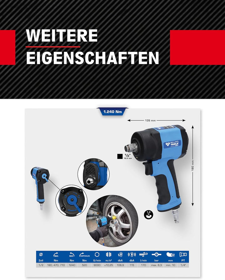 BRILLIANT TOOLS BT160400 1/2 Zoll Mini-Druckluft-Schlagschrauber, 1.240 Nm [Powered by KS