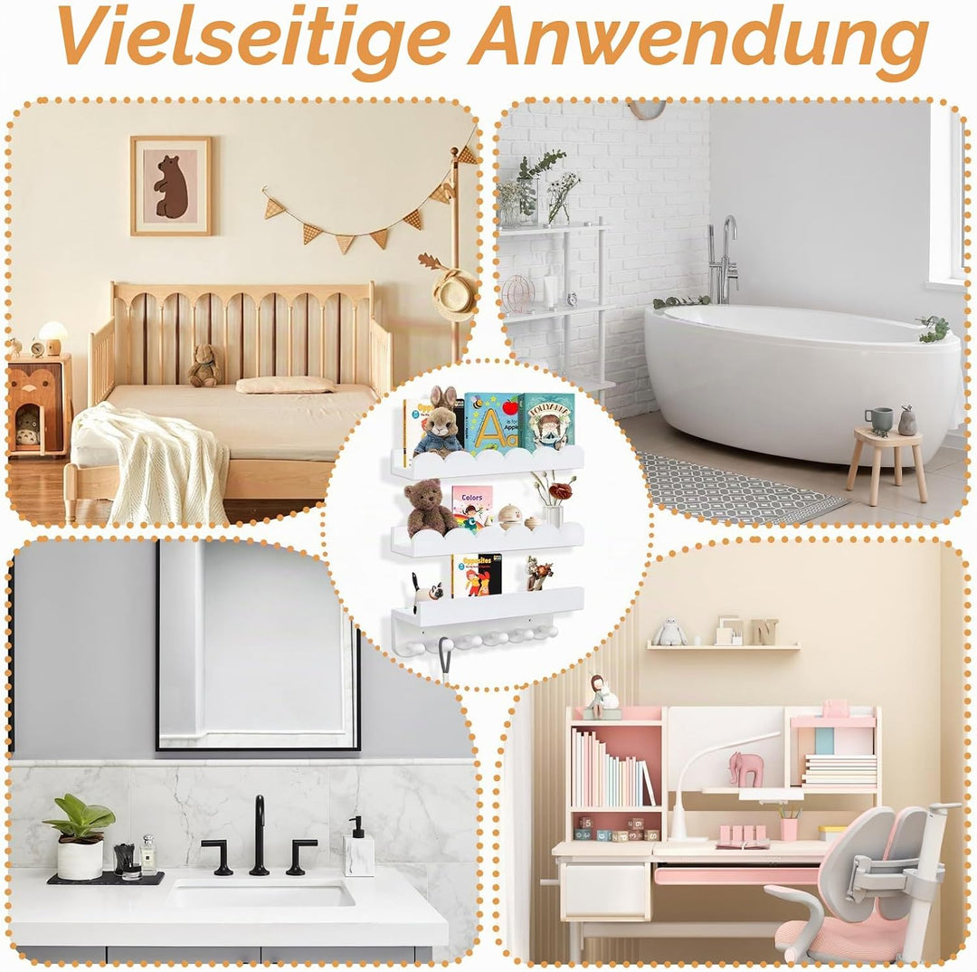 Rainmae Wandregal Kinderzimmermit Holzhaken,Bücherregal Kinder, 40cm 3er-Set, Regal Kinderzimmer ide