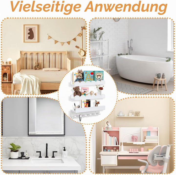 Rainmae Wandregal Kinderzimmermit Holzhaken,Bücherregal Kinder, 40cm 3er-Set, Regal Kinderzimmer ide