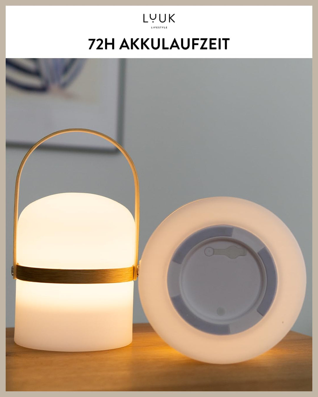 LUUK LIFESTYLE XXL Design Laterne mit Henkel aus Holz, 72h lange Leuchtdauer, per USB aufladbar und