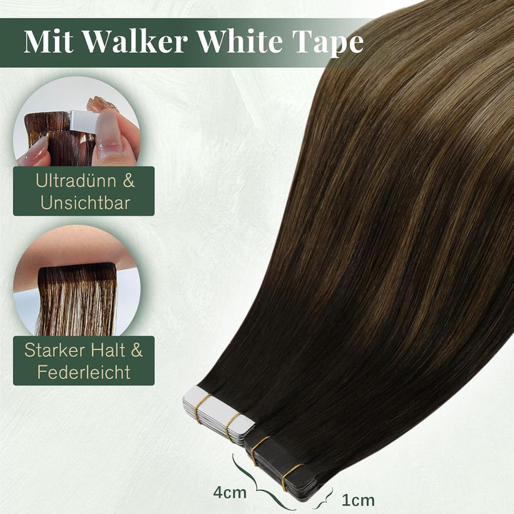 Ugeat Invisible Tape Extensions Echthaar 30cm Braun Balayage Seidig Haarverlängerung Echthaar Tapes