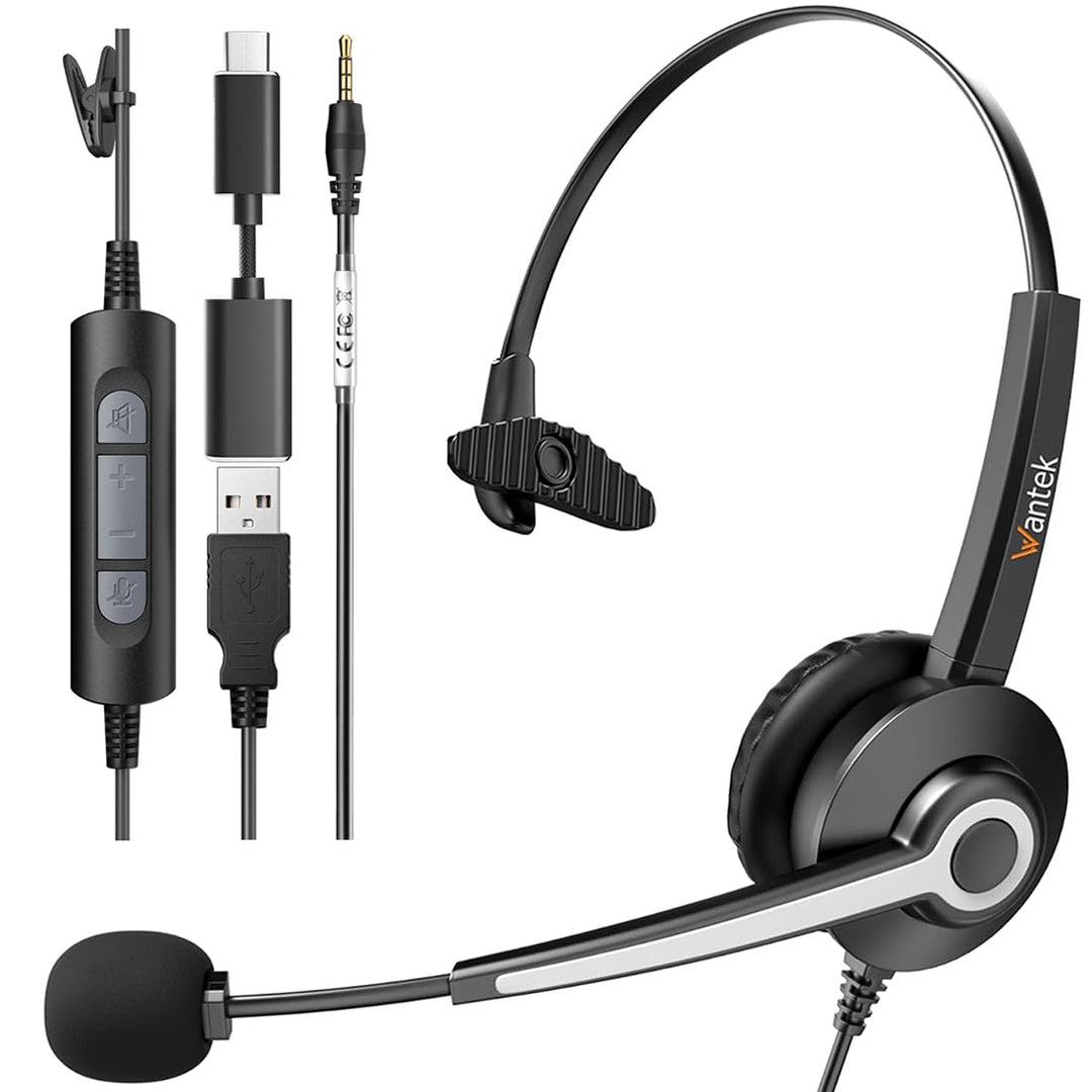 Wantek USB Headset mit Mikrofon für PC Laptop,USB-A,Mikrofon mit Noise Cancelling-ganztägiger Komfor