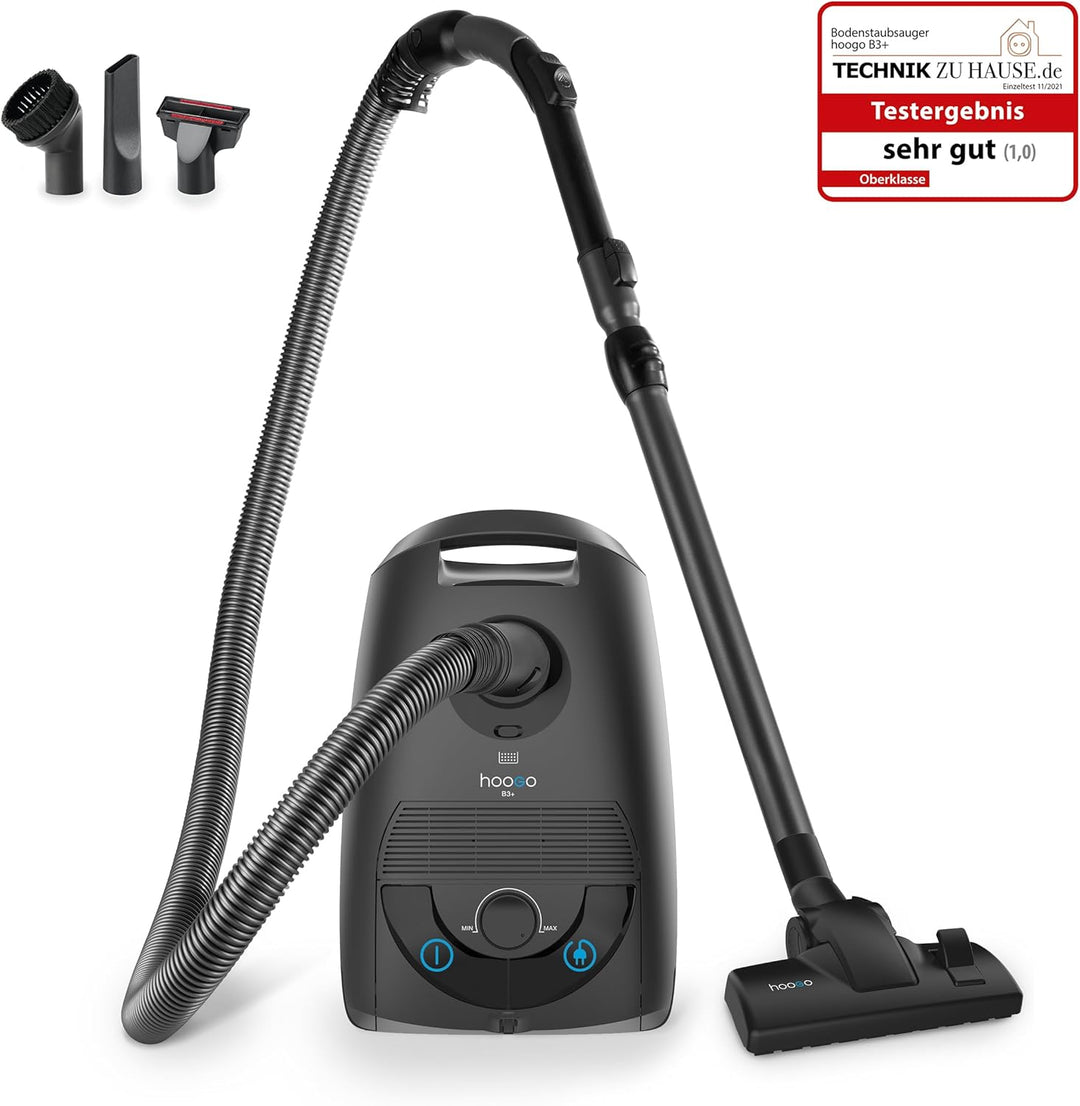 hoogo B3+ anthrazit Staubsauger mit Beutel | Starke 850 W Saugleistung | HEPA 14 Filter | 11m Radius