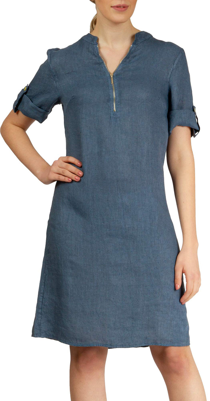 Caspar SKL037 stylisches knielanges Damen Sommer Leinenkleid mit Reissverschluss Ausschnitt 38 Jeans
