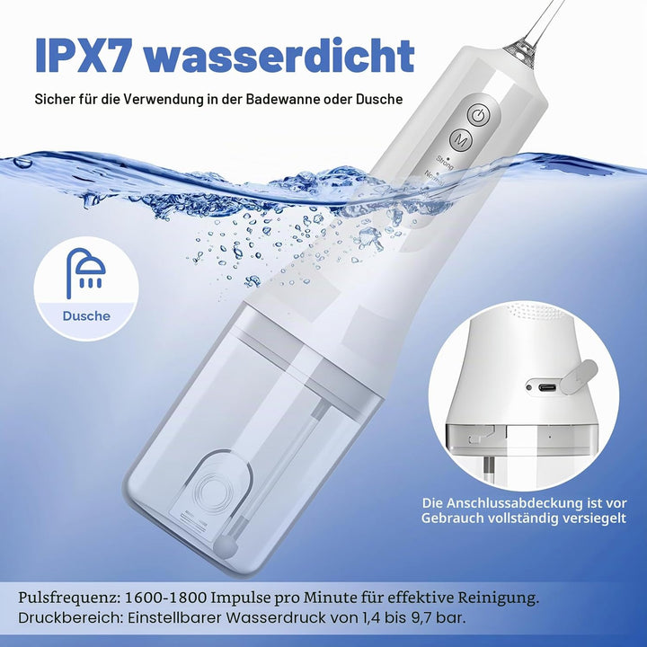 Munddusche Kabellos, Elektrische Zahnreiniger IPX7 Wasserdicht, Zahndusche 4 Modi 4 Düsen, Water Flo