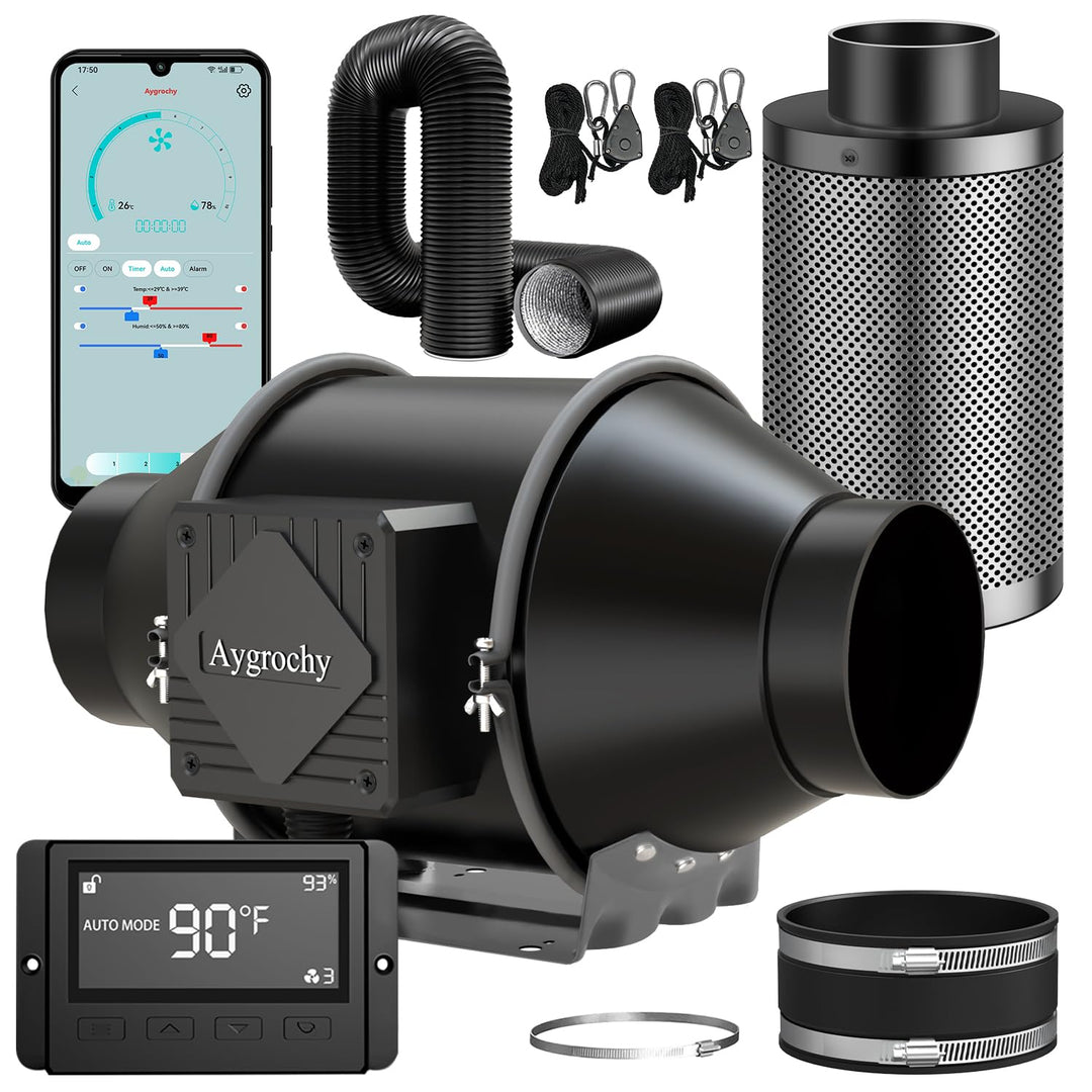 Aygrochy Abluftset 100mm,Rohrventilator mit Temperatur- und Feuchtigkeitsregler, WiFi App Steuerung,