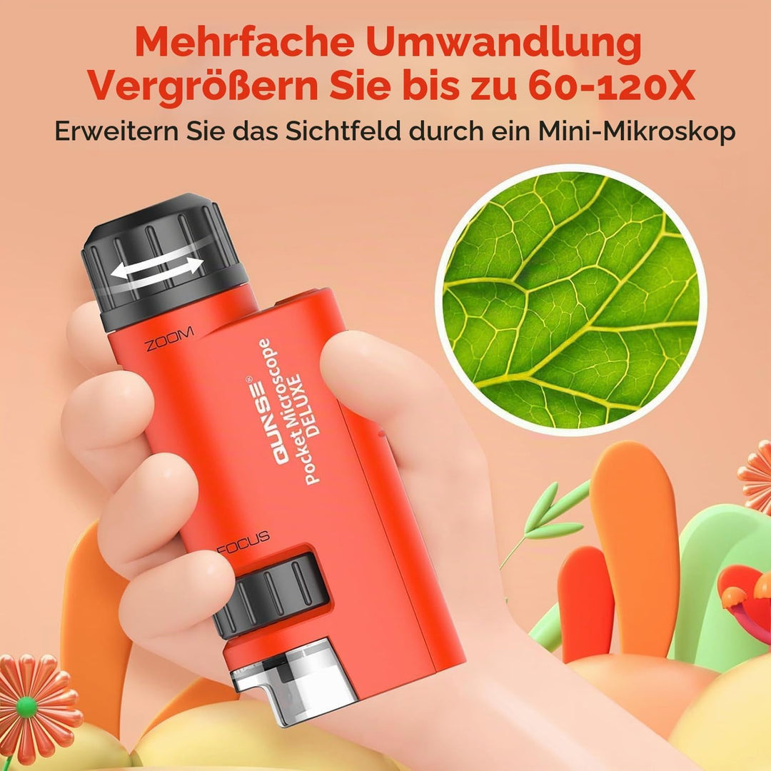 QUNSE Taschenmikroskop 60x-120x mit LED Licht, Asphärisches Handmikroskop, Kinder Studenten Bildungs