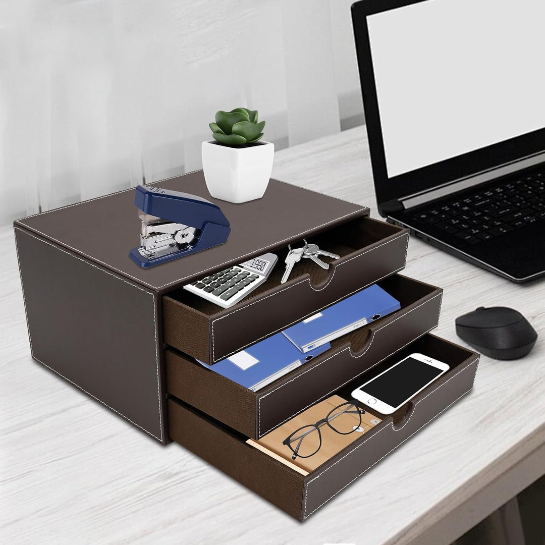 Schreibtisch Schubladenbox,3 Tier Aktenordner Pu-Leder,File Storage Organizer FüR BüRos Arbeitszimme