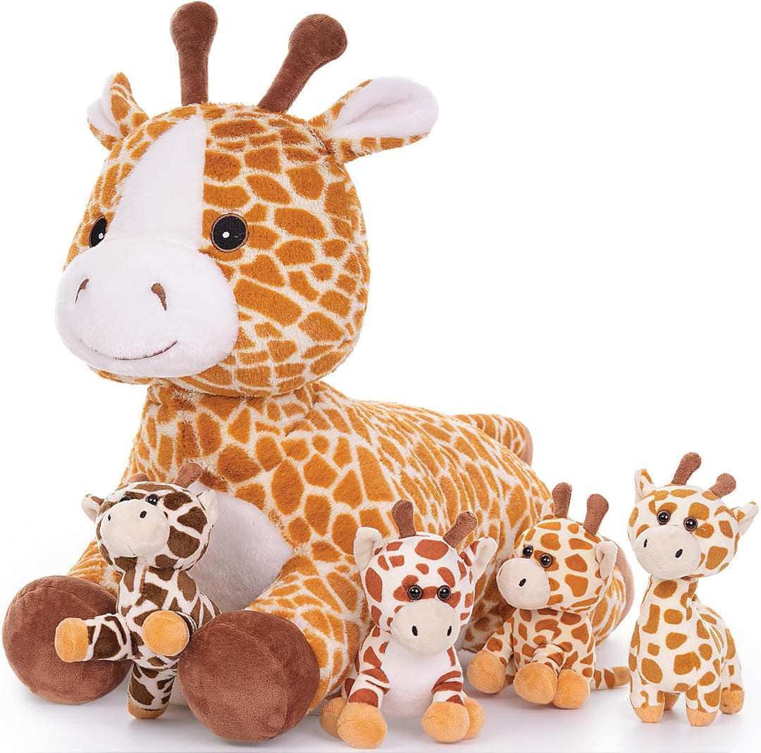 MorisMos 55cm lang riesen Giraffe Kuscheltier gross, Giraffe Stofftier XXL mit 4 Plüschbaby im Bauch
