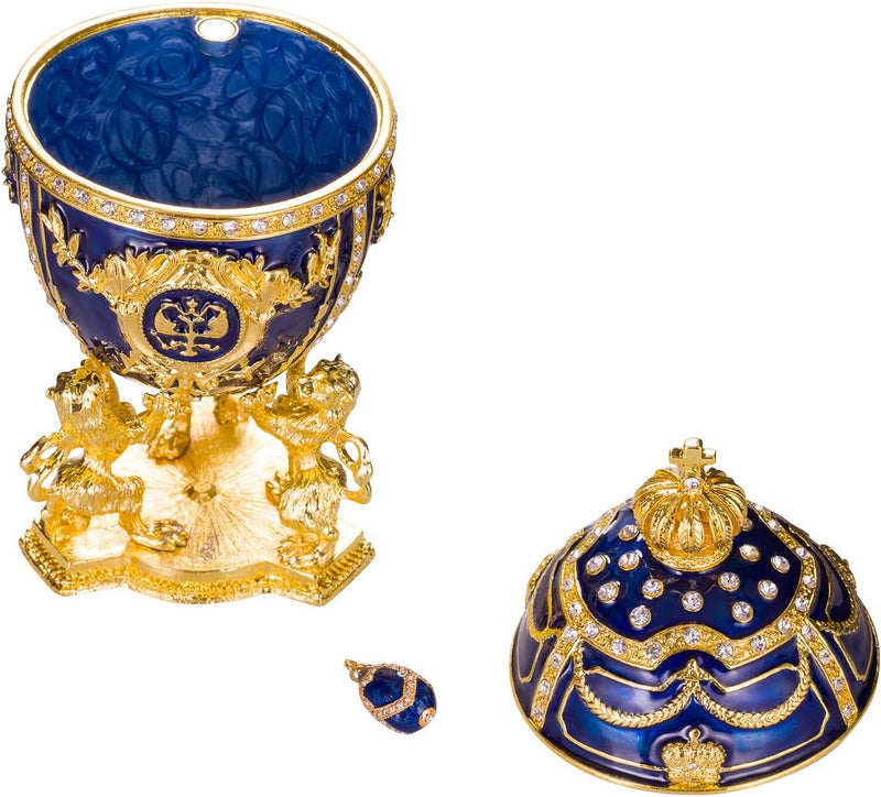 Fabergé-Stil Ei/Schmuckkästchen mit Löwen 15,5 cm blau