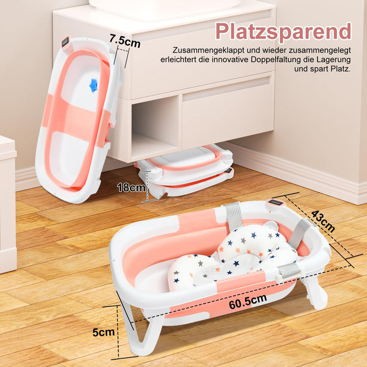 Babywanne faltbar Babybadewanne Baby Wanne platzsparend, doppelt klappbare Badewanne mit Badekissen,